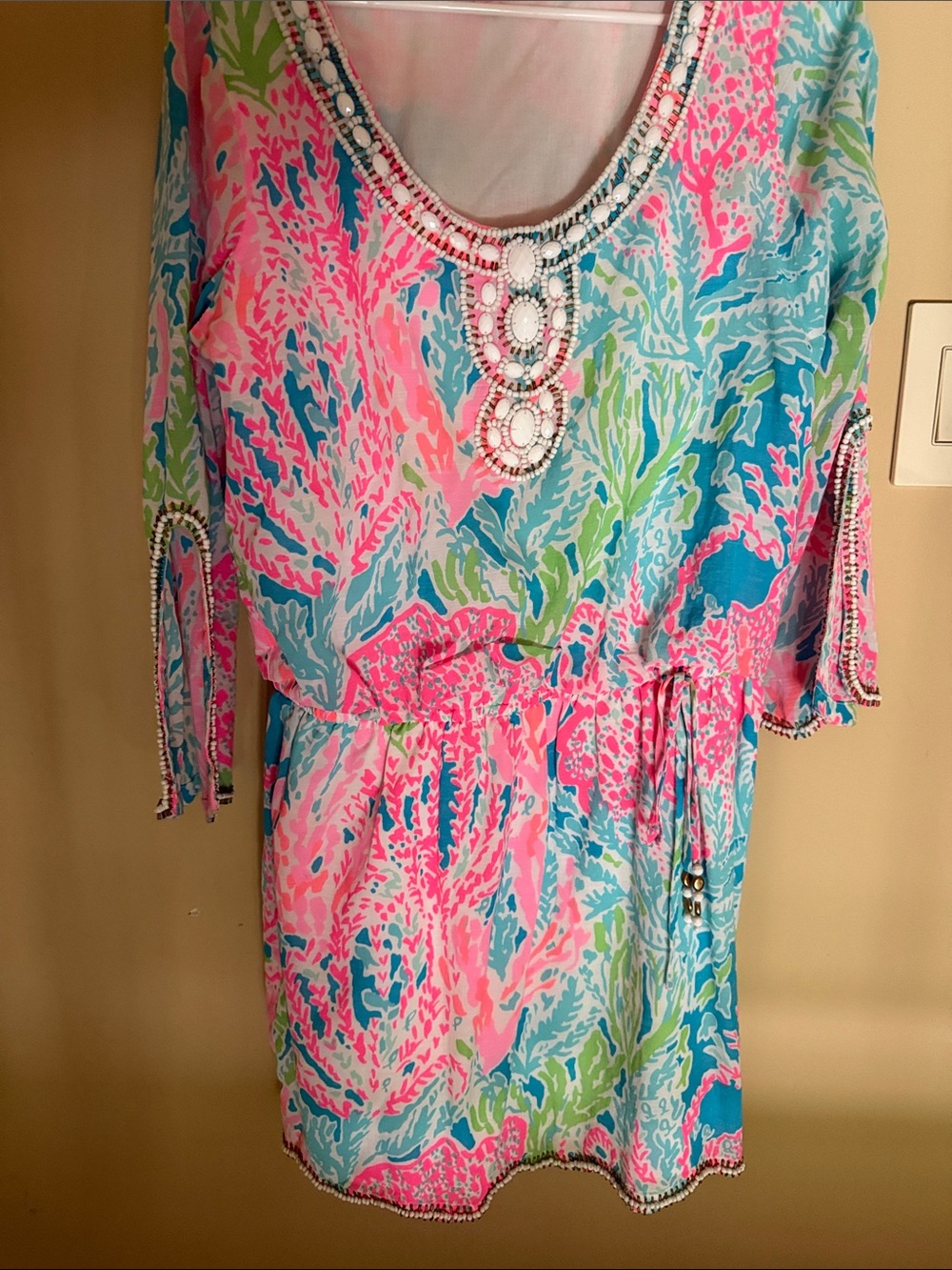 Lily Pulitzer Vibrant Pink & Aqua Beaded Tropical Print Casual Dress, tie waist